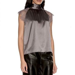 Joie Gray Satin Tie Back Top Mockneck Halter Lace Cap Sleeve Blouse Small